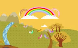 Size: 1024x640 | Tagged: safe, artist:kaylathehedgehog, derpibooru import, blossom, blue belle, butterscotch (g1), cotton candy (g1), minty, minty (g1), snuzzle, earth pony, g1, original six, rainbow, rainbow of light, river, storybook, tree