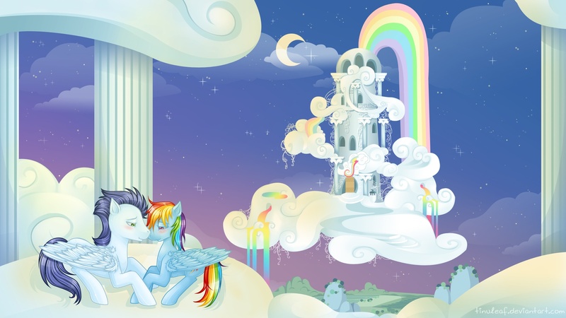 Size: 1920x1080 | Tagged: safe, artist:tinuleaf, derpibooru import, rainbow dash, soarin', pegasus, pony, cloud, cloudsdale, cloudy, crescent moon, female, male, mare, moon, night, rainbow, rainbow dash's house, rainbow waterfall, shipping, soarindash, stallion, stars, straight