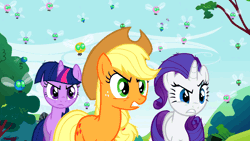 Size: 960x540 | Tagged: angry, animated, applejack, applejack is not amused, applejack's hat, cowboy hat, derpibooru import, hat, hat pop, parasprite, rarity, rarity is not amused, safe, screencap, swarm of the century, twilight is not amused, twilight sparkle, unamused
