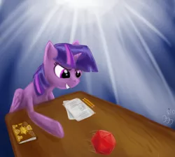 Size: 2000x1800 | Tagged: safe, artist:wafflecannon, derpibooru import, twilight sparkle, twilight sparkle (alicorn), alicorn, pony, book, d20, dice, dungeons and dragons, female, mare, pen and paper rpg, pencil, rpg, solo