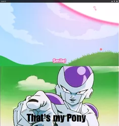 Size: 721x768 | Tagged: derpibooru import, dragon ball z, frieza, meme, pinkie pie, safe, smile bomb, smile hd, smiling, that's my pony, that's my x