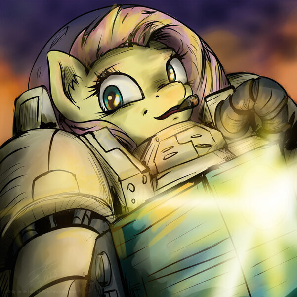 Size: 894x893 | Tagged: artist:rule1of1coldfire, cigar, derpibooru import, fluttershy, safe, smoking, solo, warhammer 40k, warhammer (game)