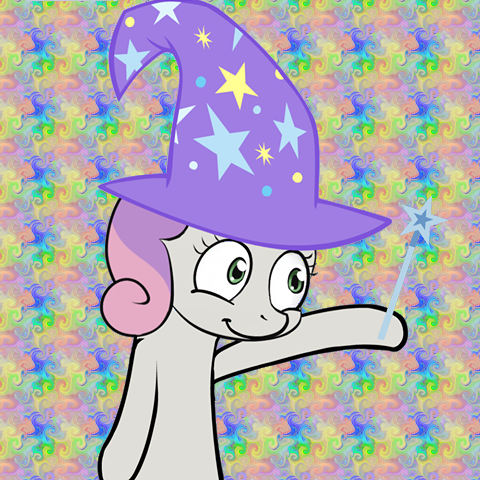 Size: 480x480 | Tagged: clothes, cute, derpibooru import, hat, safe, solo, sweetie belle, trixie's hat, wand