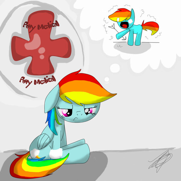 Size: 894x894 | Tagged: :<, arrow, artist:strabarybrick, bandage, derpibooru import, floppy ears, frown, meme, pain, rainbow dash, sad, safe, sitting, skyrim, solo, the elder scrolls, thought bubble, wide eyes