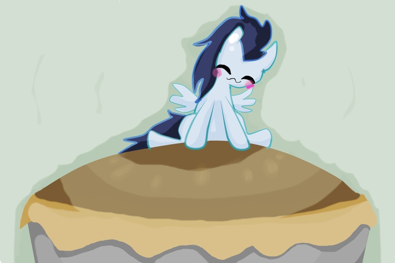 Size: 3333x2222 | Tagged: safe, artist:strabarybrick, derpibooru import, soarin', chibi, cute, food, happy, pie, sitting, soarinbetes, solo, that pony sure does love pies, tongue out
