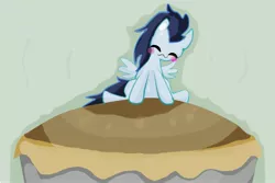 Size: 3333x2222 | Tagged: safe, artist:strabarybrick, derpibooru import, soarin', chibi, cute, food, happy, pie, sitting, soarinbetes, solo, that pony sure does love pies, tongue out