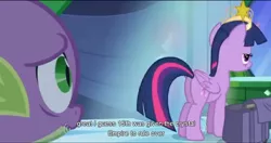 Size: 1599x847 | Tagged: safe, derpibooru import, edit, edited screencap, screencap, spike, twilight sparkle, twilight sparkle (alicorn), alicorn, pony, equestria girls, butt, caption, crown, female, jewelry, mare, meme, plot, regalia, youtube caption, youtube link