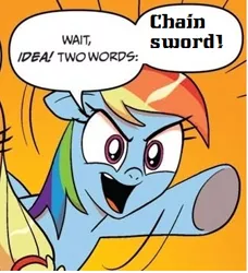 Size: 336x369 | Tagged: chain sword, derpibooru import, exploitable meme, idw, meme, obligatory pony, pacific rim, rainbow dash, safe, two words meme, warhammer 40k, warhammer (game)