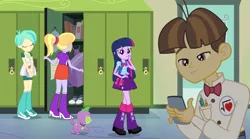 Size: 1024x568 | Tagged: safe, derpibooru import, screencap, cloudy kicks, spike, tennis match, twilight sparkle, wiz kid, dog, equestria girls, equestria girls (movie), background human, backpack, badge, bag, bedroom eyes, book, boots, bowtie, bracelet, clothes, high heel boots, iphone, jewelry, lockers, mirror, shoes, skirt, sneakers, spike the dog, tennis ball, this strange world