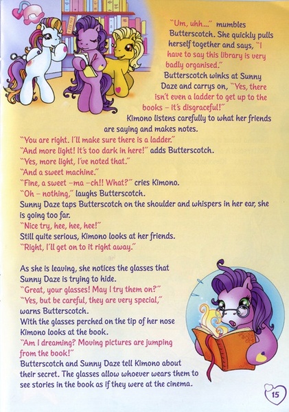 Size: 500x712 | Tagged: safe, derpibooru import, official, butterscotch (g3), kimono, sunny daze (g3), pony, bipedal, book, comic, g3, sparkle world, story, text, the magic of books