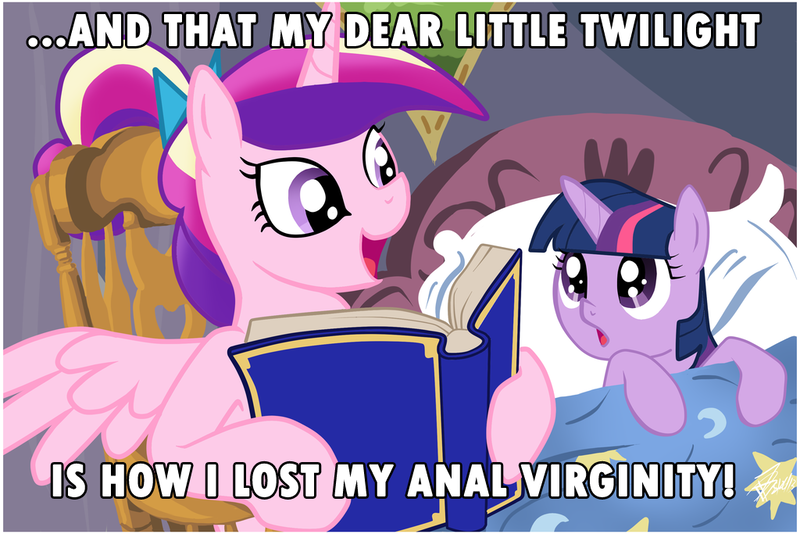 Size: 1024x683 | Tagged: dead source, suggestive, deleted from derpibooru, derpibooru import, princess cadance, twilight sparkle, alicorn, pony, unicorn, :o, anal virginity, bed, bedtime story, book, cadance's bedtime stories, caption, duo, exploitable meme, female, filly, image macro, lewd, looking up, meme, open mouth, reading, smiling, story, text, virgin, younger