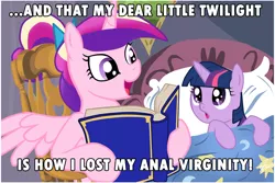 Size: 1024x683 | Tagged: dead source, suggestive, deleted from derpibooru, derpibooru import, princess cadance, twilight sparkle, alicorn, pony, unicorn, :o, anal virginity, bed, bedtime story, book, cadance's bedtime stories, caption, duo, exploitable meme, female, filly, image macro, lewd, looking up, meme, open mouth, reading, smiling, story, text, virgin, younger