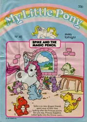 Size: 500x699 | Tagged: baby, baby dragon, comic:my little pony (g1), cover, derpibooru import, dragon, fiery, flash, g1, official, official comic, prickles, princess primrose, safe, smokey, sparks, spike, spike and the magic pencil, spiny