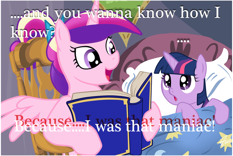 Size: 1024x683 | Tagged: safe, deleted from derpibooru, derpibooru import, princess cadance, twilight sparkle, alicorn, pony, unicorn, bed, bedtime story, book, cadance's bedtime stories, caption, duo, exploitable meme, female, filly, horn, image macro, looking up, meme, reading, text, wings, younger