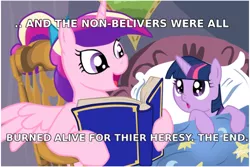 Size: 500x333 | Tagged: semi-grimdark, deleted from derpibooru, derpibooru import, princess cadance, twilight sparkle, alicorn, pony, unicorn, bed, bedtime story, book, cadance's bedtime stories, caption, duo, exploitable meme, female, filly, heresy, horn, image macro, looking up, meme, reading, story, text, warhammer (game), warhammer 40k, wings, younger