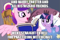 Size: 471x314 | Tagged: safe, deleted from derpibooru, derpibooru import, princess cadance, twilight sparkle, alicorn, pony, unicorn, bed, bedtime story, book, cadance's bedtime stories, caption, duo, exploitable meme, female, filly, harry potter, horn, image macro, looking up, meme, reading, text, the simpsons, wings, witchcraft, younger