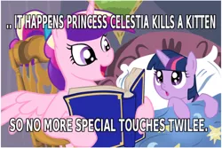 Size: 500x333 | Tagged: suggestive, deleted from derpibooru, derpibooru import, princess cadance, twilight sparkle, alicorn, pony, unicorn, bed, bedtime story, book, cadance's bedtime stories, caption, duo, exploitable meme, female, filly, horn, image macro, looking up, meme, reading, story, text, wings, younger