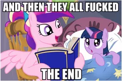 Size: 960x640 | Tagged: suggestive, deleted from derpibooru, derpibooru import, princess cadance, twilight sparkle, alicorn, pony, unicorn, and then they all fucked, bed, bedtime story, book, cadance's bedtime stories, caption, duo, exploitable meme, female, filly, horn, image macro, implied sex, looking up, meme, reading, text, the end, vulgar, wings, younger