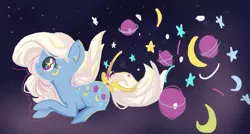 Size: 1280x685 | Tagged: artist:berryden, derpibooru import, g1, g1 to g4, generation leap, moon, night glider (g1), planet, safe, solo, stars, surreal, the cosmos