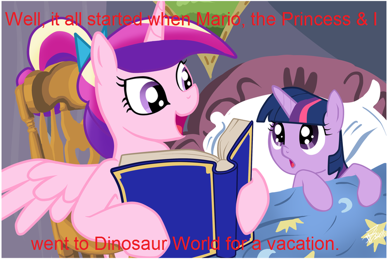 Size: 1024x683 | Tagged: safe, deleted from derpibooru, derpibooru import, princess cadance, twilight sparkle, alicorn, pony, unicorn, bed, bedtime story, book, cadance's bedtime stories, caption, duo, exploitable meme, female, filly, horn, image macro, looking up, mama luigi, meme, reading, super mario bros., super mario world, text, wings, younger