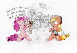 Size: 1976x1350 | Tagged: alien, alien (franchise), applejack, artist:raindeimos, crossover, derpibooru import, facehugger, fence, gun, pinkie pie, safe, shotgun, traditional art, weapon