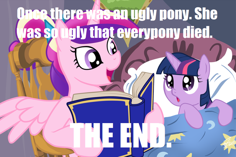 Size: 1015x676 | Tagged: safe, deleted from derpibooru, derpibooru import, princess cadance, twilight sparkle, alicorn, pony, unicorn, bed, bedtime story, book, cadance's bedtime stories, caption, duo, exploitable meme, female, filly, horn, image macro, looking up, meme, reading, something smells, spongebob squarepants, text, the ugly barnacle, wings, younger