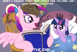 Size: 1014x676 | Tagged: safe, deleted from derpibooru, derpibooru import, princess cadance, twilight sparkle, alicorn, pony, unicorn, bed, bedtime story, book, cadance's bedtime stories, caption, duo, exploitable meme, female, filly, horn, image macro, looking up, meme, reading, sniper, storybook, team fortress 2, text, wings, younger