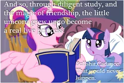 Size: 1024x683 | Tagged: safe, deleted from derpibooru, derpibooru import, princess cadance, twilight sparkle, alicorn, pony, unicorn, bed, bedtime story, book, cadance's bedtime stories, caption, duo, exploitable meme, female, filly, foreshadowing, horn, image macro, looking up, meme, reading, text, vulgar, wings, younger