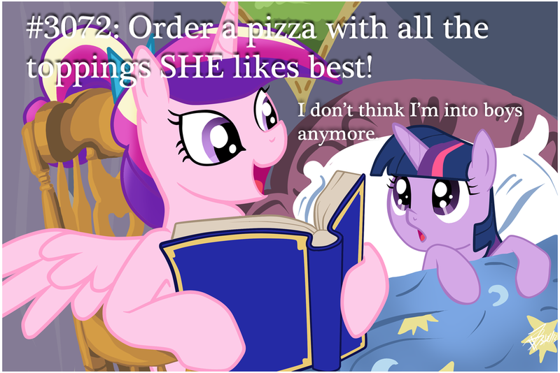 Size: 1024x683 | Tagged: safe, deleted from derpibooru, derpibooru import, princess cadance, twilight sparkle, alicorn, pony, unicorn, bed, bedtime story, book, cadance's bedtime stories, caption, duo, exploitable meme, female, filly, food, gregory jp godek, horn, image macro, looking up, meme, pizza, reading, seanbaby, text, wings, younger