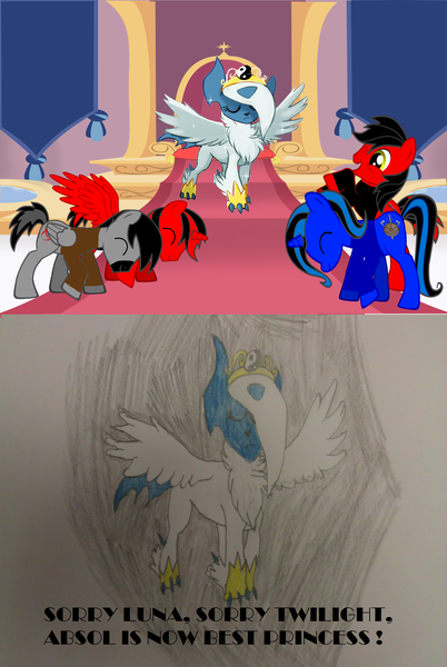 Size: 2096x3132 | Tagged: safe, artist:kxp71, artist:skeleion, derpibooru import, oc, absol, alicorn, pony, pony creator, alicorn oc, bowing, crossover, horn, mega absol, mega evolution, pokémon, pokémon x and y, traditional art, wings