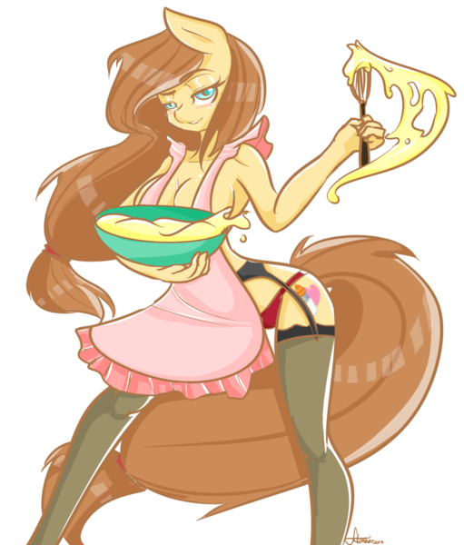 Size: 1069x1256 | Tagged: suggestive, artist:fatcakes, derpibooru import, oc, oc:cream heart, unofficial characters only, anthro, anthro oc, apron, baking, blue eyes, bowl, breasts, brown mane, busty cream heart, clothes, female, garter belt, garters, image, milf, mixing bowl, panties, png, signature, simple background, socks, solo, solo female, stockings, stupid sexy oc, thigh highs, transparent background, underwear, whisk