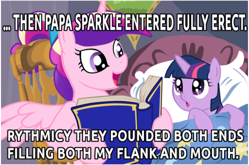 Size: 500x333 | Tagged: questionable, deleted from derpibooru, derpibooru import, princess cadance, twilight sparkle, alicorn, pony, unicorn, bed, bedtime story, book, cadance's bedtime stories, caption, duo, exploitable meme, female, filly, horn, image macro, looking up, meme, reading, story, text, wings, younger