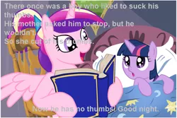 Size: 1024x683 | Tagged: safe, deleted from derpibooru, derpibooru import, princess cadance, twilight sparkle, alicorn, pony, unicorn, bed, bedtime story, book, cadance's bedtime stories, caption, duo, exploitable meme, family guy, female, filly, horn, image macro, looking up, meme, reading, struwwelpeter, text, thumb, thumbs, wings, younger
