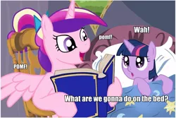 Size: 960x640 | Tagged: suggestive, deleted from derpibooru, derpibooru import, princess cadance, twilight sparkle, alicorn, pony, unicorn, bed, bedtime story, book, cadance's bedtime stories, caption, duo, exploitable meme, female, filly, filly twilight sparkle, horn, image macro, looking up, meme, pomf, text, wings, younger