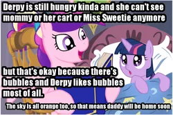 Size: 1024x683 | Tagged: semi-grimdark, deleted from derpibooru, derpibooru import, princess cadance, twilight sparkle, alicorn, pony, unicorn, fanfic, fanfic:bubbles, bed, bedtime story, book, bubble, cadance's bedtime stories, caption, duo, exploitable meme, female, filly, horn, image macro, looking up, meme, reading, story, text, wings, younger