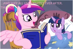 Size: 1024x683 | Tagged: safe, deleted from derpibooru, derpibooru import, princess cadance, twilight sparkle, alicorn, pony, unicorn, bed, bedtime story, blatant lies, book, cadance's bedtime stories, caption, duo, exploitable meme, female, filly, horn, image macro, looking up, meme, reading, text, the trotting dead, the walking dead, wings, younger