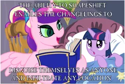 Size: 1024x683 | Tagged: safe, deleted from derpibooru, derpibooru import, princess cadance, queen chrysalis, twilight sparkle, alicorn, changeling, pony, unicorn, bed, bedtime story, book, cadance's bedtime stories, caption, disguise, disguised changeling, duo, exploitable meme, fake cadance, female, filly, horn, image macro, looking up, meme, reading, text, wings, younger