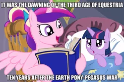 Size: 1013x675 | Tagged: safe, deleted from derpibooru, derpibooru import, princess cadance, twilight sparkle, alicorn, pony, unicorn, babylon 5, bed, bedtime story, book, cadance's bedtime stories, caption, duo, exploitable meme, female, filly, horn, image macro, looking up, meme, reading, text, wings, younger