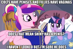 Size: 1013x675 | Tagged: suggestive, banned from derpibooru, deleted from derpibooru, derpibooru import, princess cadance, twilight sparkle, alicorn, pony, unicorn, bed, bedtime story, blatant lies, book, cadance's bedtime stories, caption, duo, exploitable meme, female, filly, horn, how is babby formed, image, image macro, jpeg, kindergarten cop, looking up, meme, reading, sex education, text, wings, younger