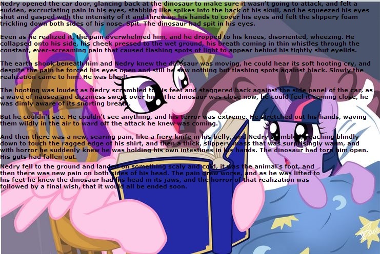 Size: 741x496 | Tagged: grimdark, deleted from derpibooru, derpibooru import, princess cadance, twilight sparkle, alicorn, pony, unicorn, bed, bedtime story, book, cadance's bedtime stories, caption, dennis nedry, duo, exploitable meme, female, filly, horn, image macro, jurassic park, looking up, meme, reading, text, wall of text, wings, younger