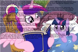 Size: 741x496 | Tagged: grimdark, deleted from derpibooru, derpibooru import, princess cadance, twilight sparkle, alicorn, pony, unicorn, bed, bedtime story, book, cadance's bedtime stories, caption, dennis nedry, duo, exploitable meme, female, filly, horn, image macro, jurassic park, looking up, meme, reading, text, wall of text, wings, younger