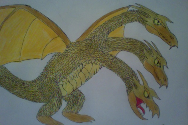 Size: 640x426 | Tagged: antagonist, barely pony related, derpibooru import, g4 style, godzilla (series), kaiju, king ghidorah, safe, traditional art