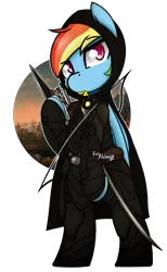 Size: 1450x2350 | Tagged: safe, artist:ppdraw, derpibooru import, rainbow dash, butterfly, pony, archer dash, arrow, bipedal, bow (weapon), bow and arrow, crossover, dagger, dovahkiin, skyrim, the elder scrolls, weapon