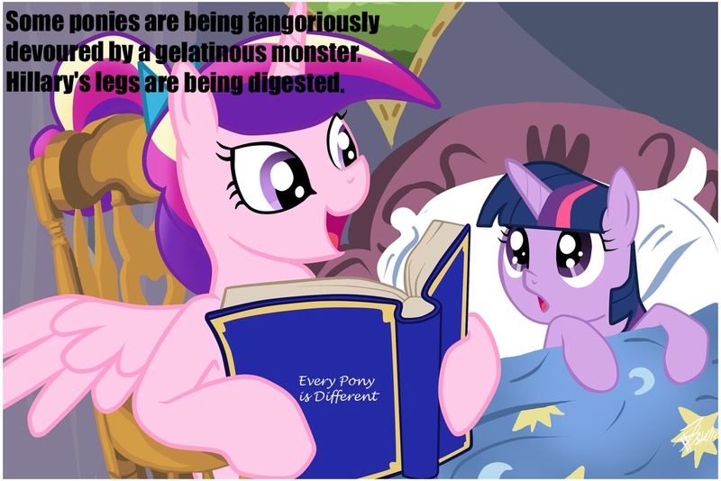 Size: 1024x683 | Tagged: semi-grimdark, deleted from derpibooru, derpibooru import, princess cadance, twilight sparkle, alicorn, pony, unicorn, bed, bedtime story, book, cadance's bedtime stories, caption, duo, everyone is different, exploitable meme, female, filly, homestar runner, horn, image macro, looking up, meme, reading, text, wings, younger