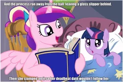 Size: 960x640 | Tagged: safe, deleted from derpibooru, derpibooru import, princess cadance, twilight sparkle, alicorn, pony, unicorn, bed, bedtime story, book, cadance's bedtime stories, caption, duo, exploitable meme, female, filly, foalsitter, horn, image macro, looking up, meme, reading, text, wings, younger