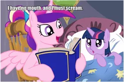 Size: 960x640 | Tagged: semi-grimdark, deleted from derpibooru, derpibooru import, princess cadance, twilight sparkle, alicorn, pony, unicorn, bed, bedtime story, book, cadance's bedtime stories, caption, duo, exploitable meme, female, filly, harlan ellison, horn, i have no mouth and i must scream, image macro, lies, looking up, meme, reading, roflbot, text, wings, younger