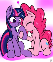 Size: 600x700 | Tagged: safe, artist:ranban, derpibooru import, pinkie pie, twilight sparkle, twilight sparkle (alicorn), alicorn, pony, blushing, female, heart, lesbian, mare, pixiv, shipping, twinkie