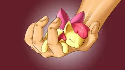 Size: 1920x1080 | Tagged: safe, artist:shoroch, derpibooru import, apple bloom, human, pony, adorabloom, cute, hand, in goliath's palm, micro, sleeping, tiny, tiny ponies