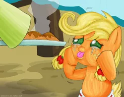 Size: 1018x800 | Tagged: safe, artist:ladyanidraws, derpibooru import, applejack, pony, apple fritter (food), baby, baby pony, babyjack, crying, diaper, female, filly, foal, food, tongue out, traditional art, younger