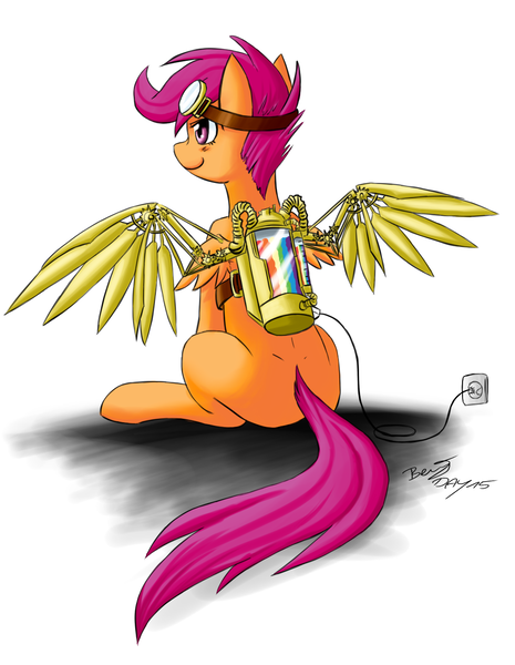 Size: 1000x1291 | Tagged: safe, artist:benjik, derpibooru import, scootaloo, pegasus, pony, artificial wings, augmented, goggles, liquid rainbow, mechanical wing, recharging, scootaloo can't fly, simple background, solo, white background, wings